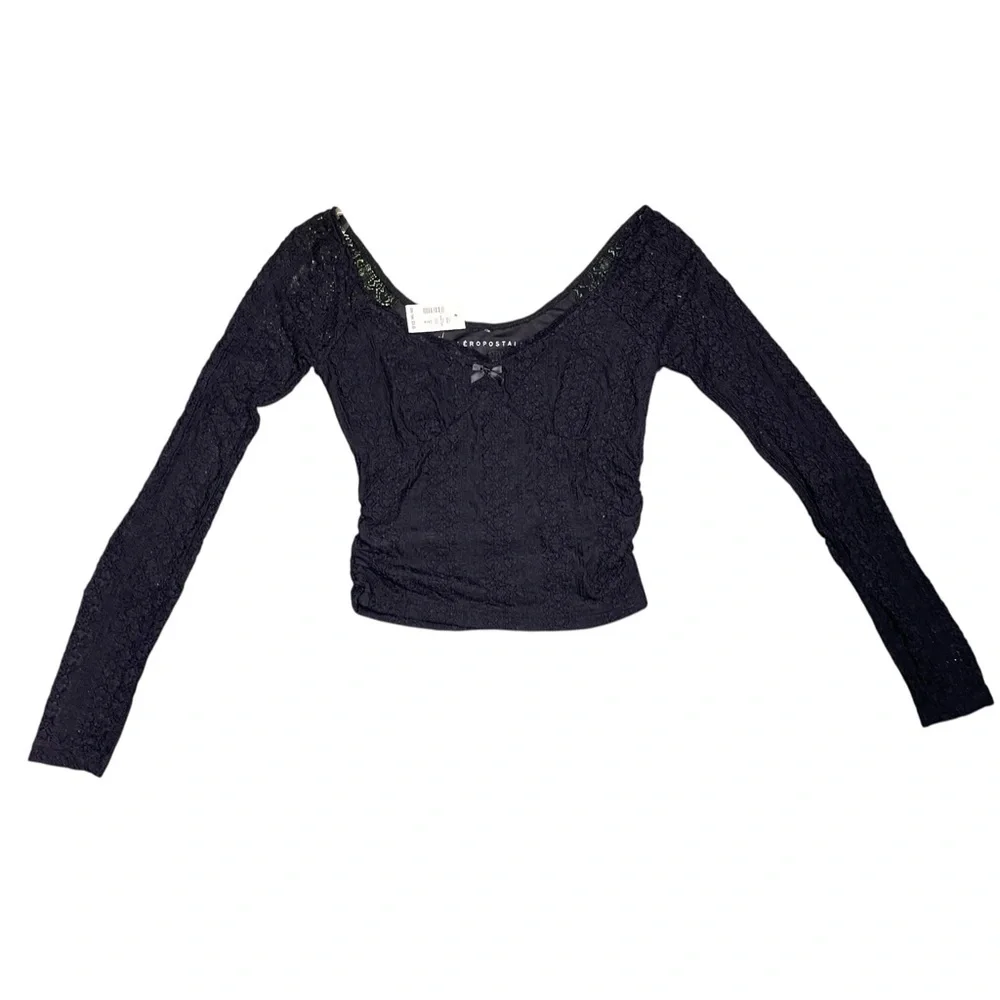NWT Aeropostale Long Sleeve Ruched Stretch Lace Top Cropped Tight Babydoll
